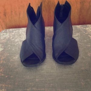 Mimosa black leather bootie sandals. Zipper back